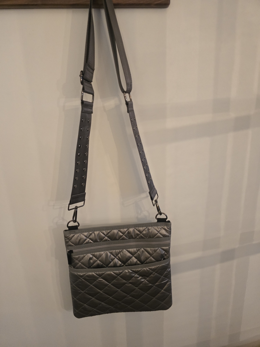 HAUTE SHORE Quilted Gray Crossbody Bag with Studded Strap